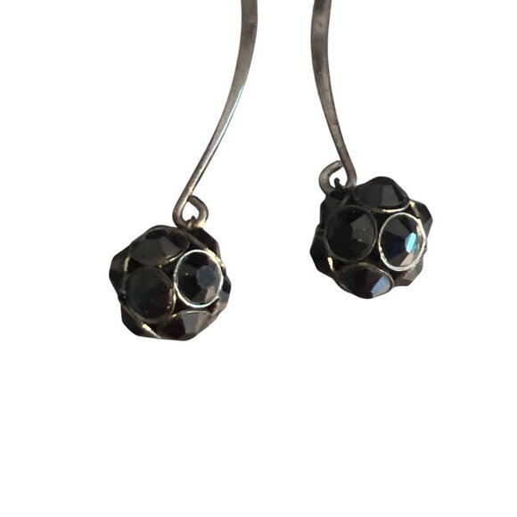 Gunmetal Modern Hoop Earrings Black Glass Faceted Rhinestone Bead Bauble 2.25" - Picture 2 of 4